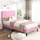 Twin Bed Frames with Button Tufted Headboard, Linen Upholstered Platform Bed with Wooden Slats Support, Princess Bed Frame for Girls, Easy Assembly, No Box Spring Required, Pink BarnFurin