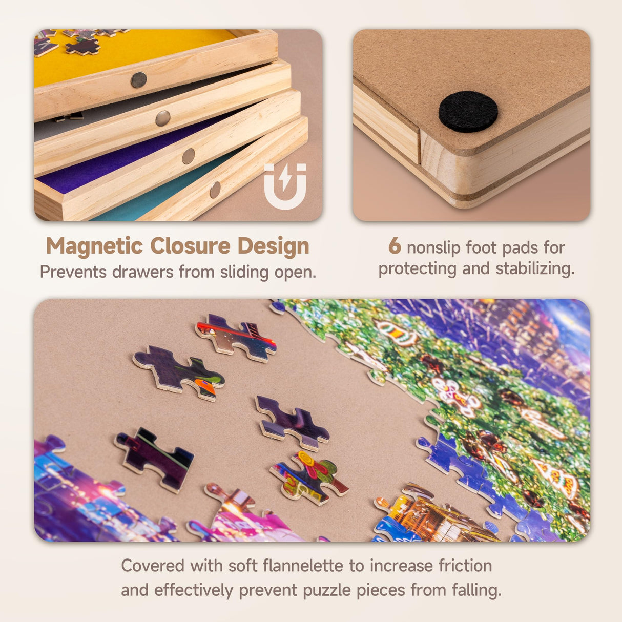 Tektalk Jigsaw Puzzle Table with Integrated Adjustable Stand/Bracket and Removable Cover, 3-Tilting-Angle Wooden Plateau Portable Puzzle Board with 4 Sorting Drawers, for Up to 1000 Pieces Tektalk