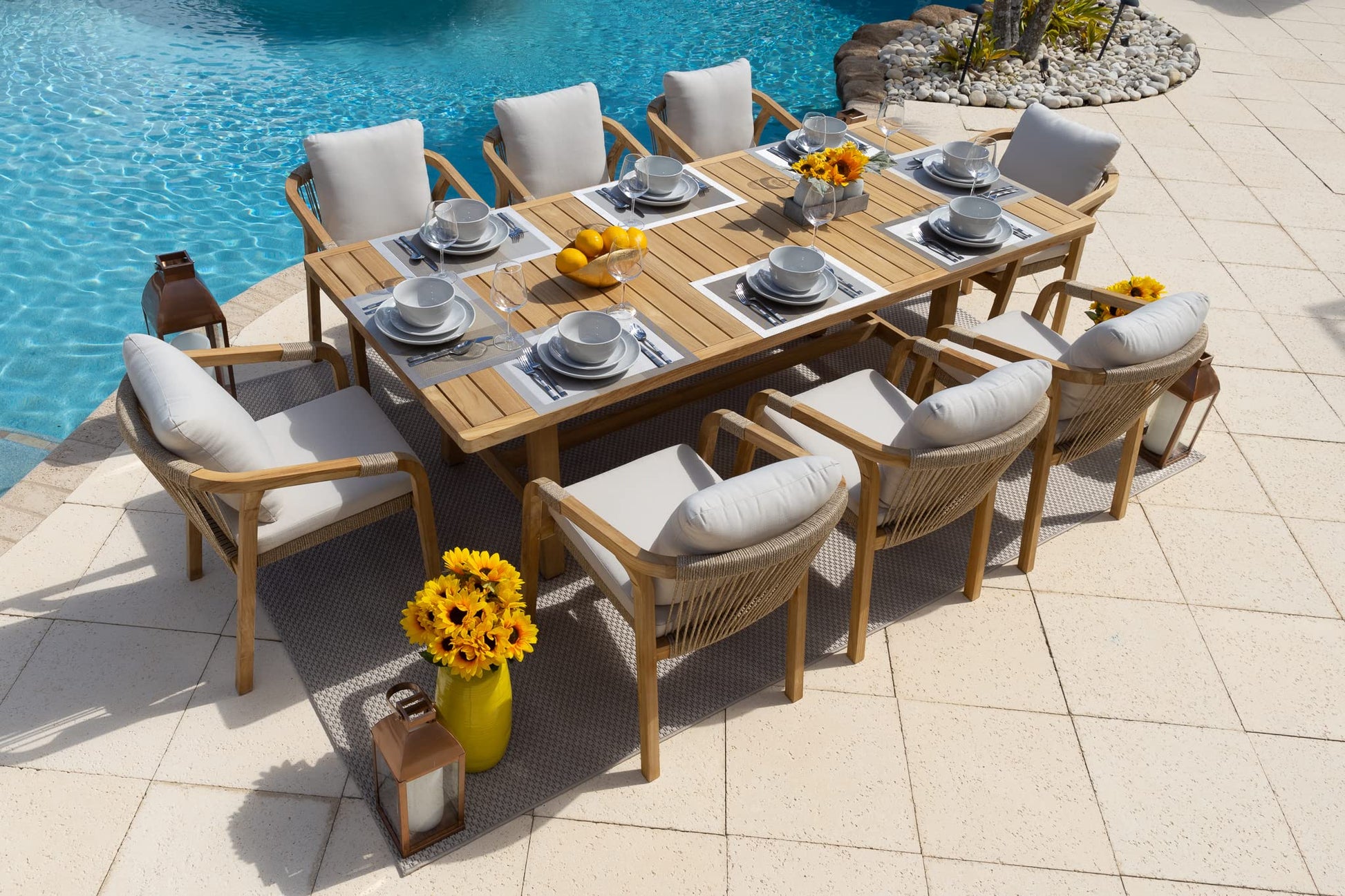 Rimini 9-Piece Acacia Wood Outdoor Patio Furniture Dining Set w/Dining Table and 8 Dining Armchairs - WoodArtSupply