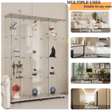 lunhung 3 Column 2 Doors Glass Display Cabinet with LED Lights & Wheels, 4-Shelf Removable Curio Cabinet w/ Lock & Glass Shelves, 65"H Floor Standing Bookshelf Storage Showcase for Living room (White) lunhung