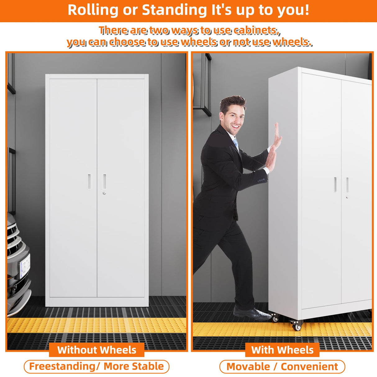 Aobabo 73" H Metal Storage Cabinet with Wheels for Garage, Locking Steel Storage Cabinet with 4 Shelves and Hooks, for Home Office, White, Assembly Required Aobabo