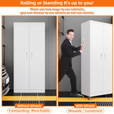 Aobabo 73" H Metal Storage Cabinet with Wheels for Garage, Locking Steel Storage Cabinet with 4 Shelves and Hooks, for Home Office, White, Assembly Required Aobabo