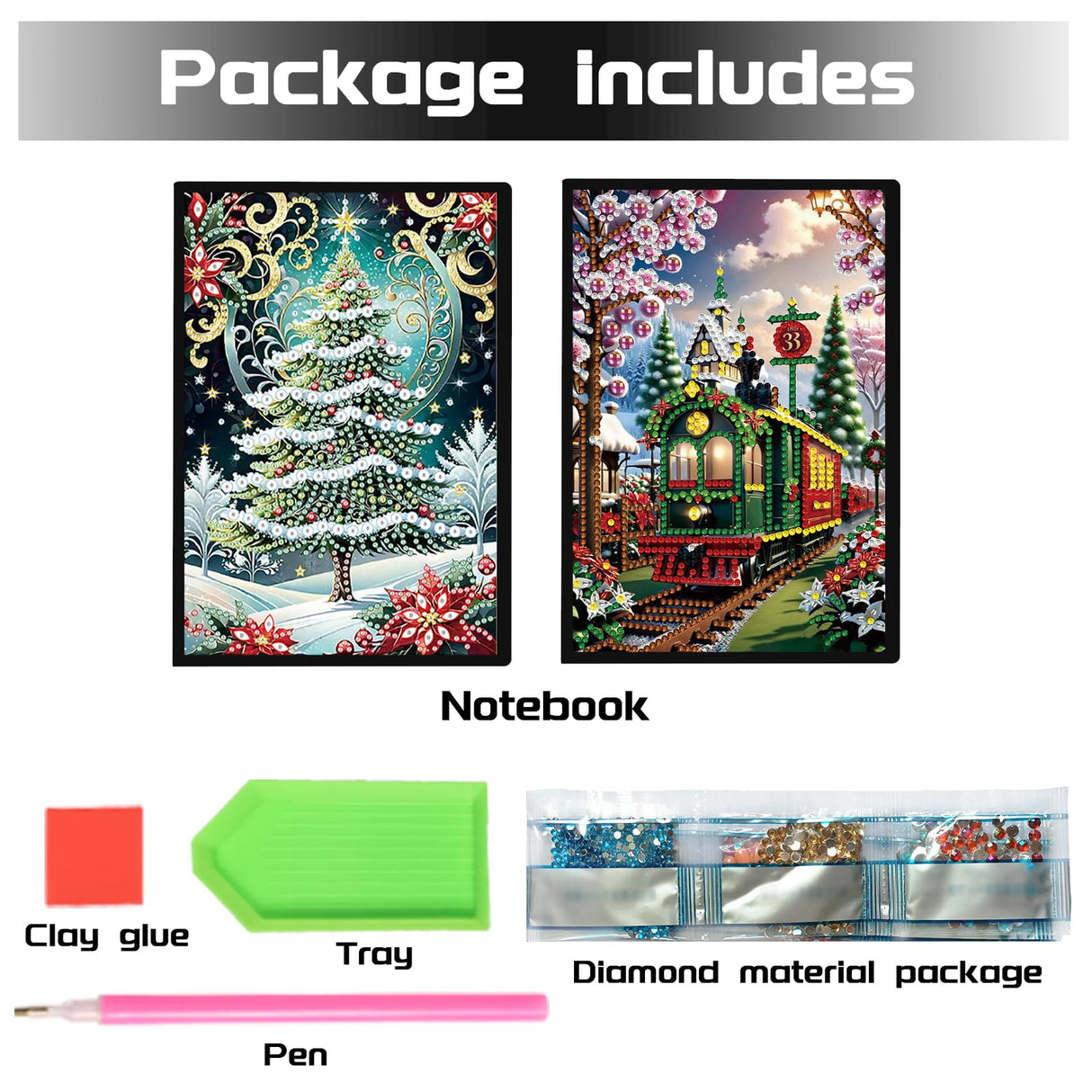 JISHSHAY 2 PCS Christmas Diamond Painting Notebook Diary Christmas Tree Diamond Art Leather Journal Xmas Gem Art Note Book Train Mosaic Kits for Adults Journal Notebook Gem Painting Sketchbook Diary JISHSHAY