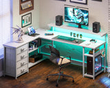 AODK 61" L Shaped Desk with Drawer, Computer Desk with Power Outlets & LED Lights, Reversible Corner Gaming Desk for Home Office Workstation, Office Desk with Monitor Shelf, Pure White AODK