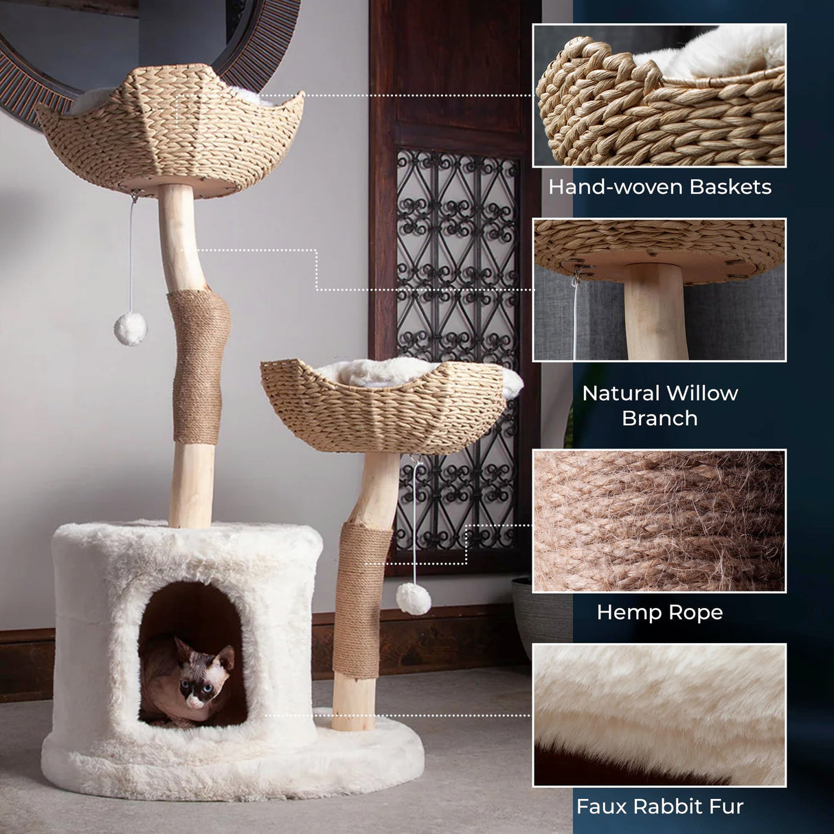 Habitat Haven The Bungalow Cat Tree - Luxury Cat Condo, Large Modern Indoor Tower with 2 Faux Fur Beds, Scratching Posts, Toys, and Den for Cats, 23.5-Inch Width x 18-Inch Depth x 43-Inch Height Habitat Haven