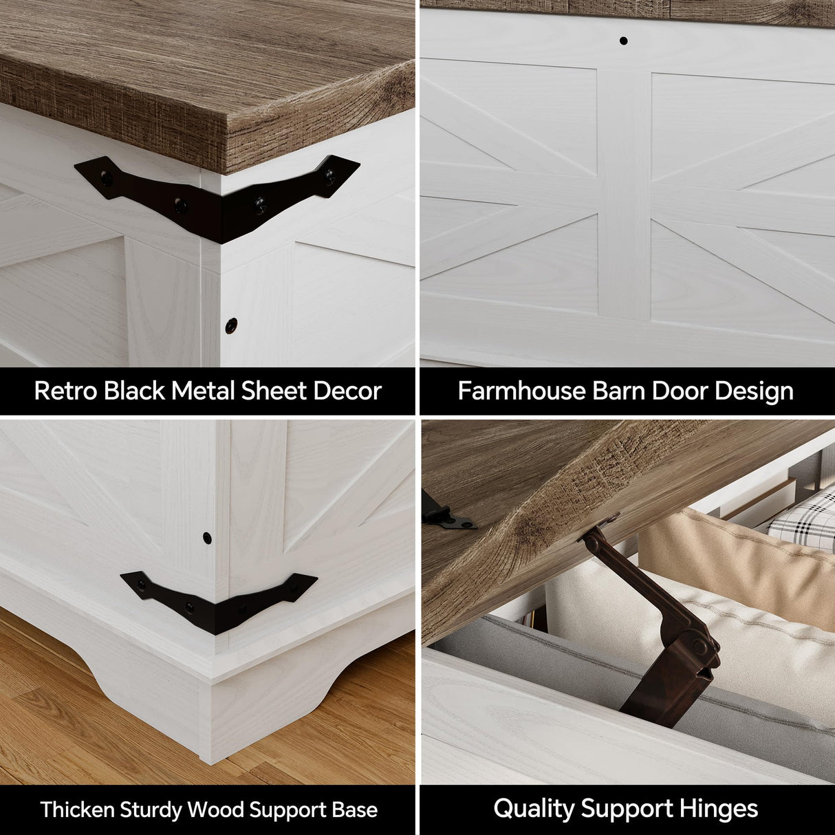 Farmhouse Coffee Table, Heavy-Duty Coffee Table with Storage, Square Wood Center Table Set for Living Room with Pull Up Large Hidden Storage Compartment, Maple White senlin