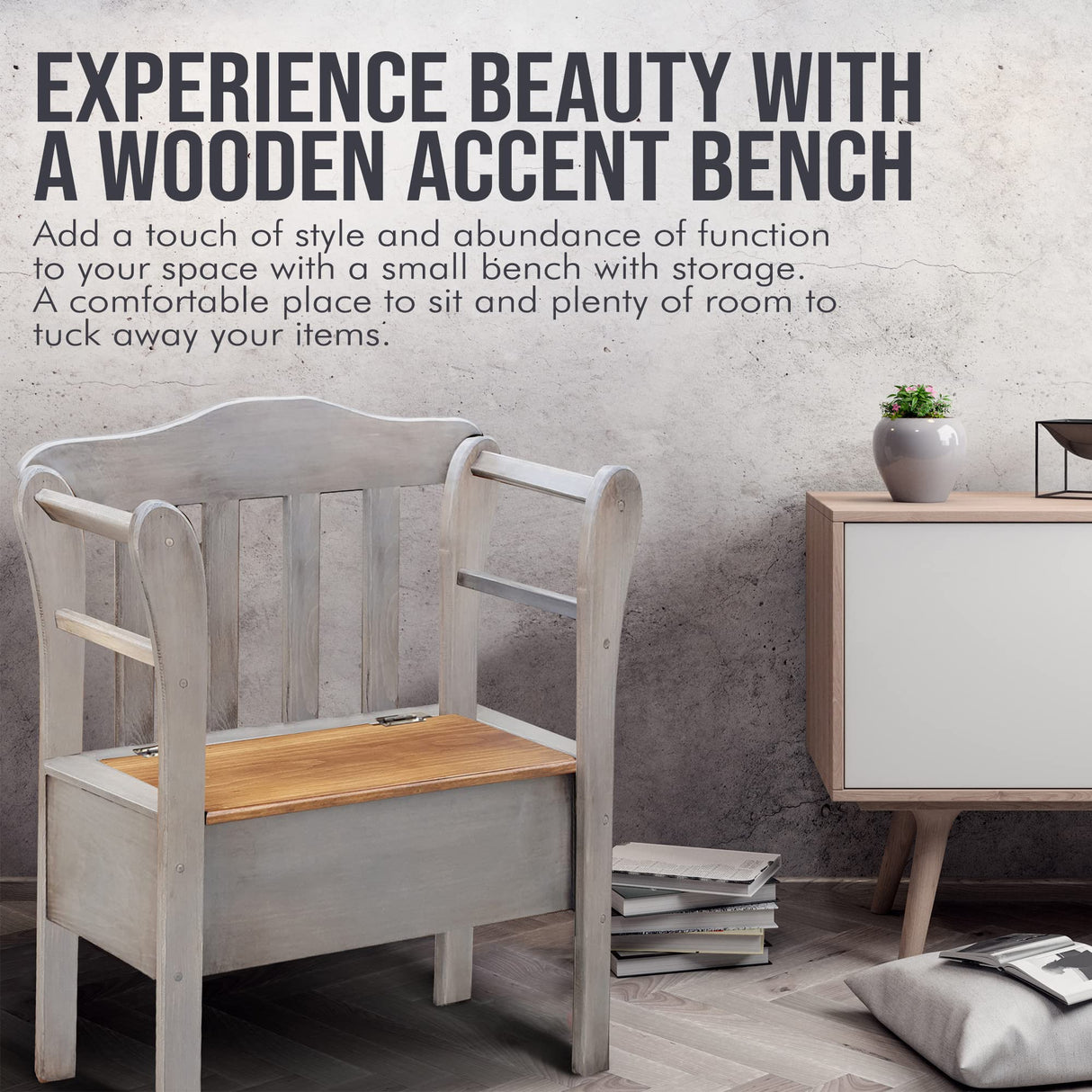 Peaceful Classics Bench with Storage - Small Wooden Storage Bench for Entryway, Hallway, Mudroom, Farmhouse, Bedroom, & Living Room, Amish Handmade Furniture Storage Organizer, Pewter Peaceful Classics