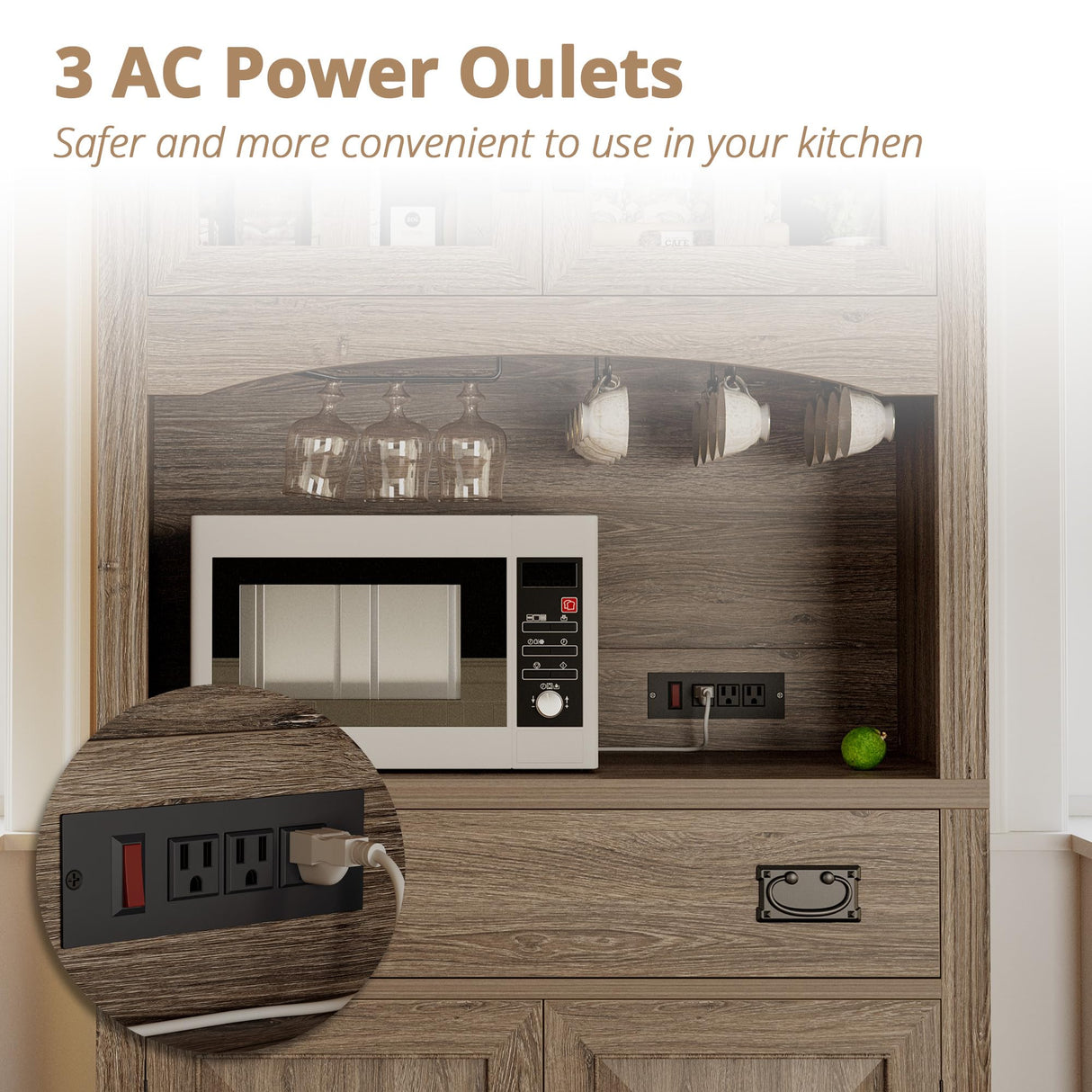 IRONCK Pantry Cabinet with Power Outlets, Kitchen Pantry Storage Cabinet with Microwave Stand, Farmhouse Kitchen Hutch for Dining Room, Living Room, Light Rustic Oak IRONCK