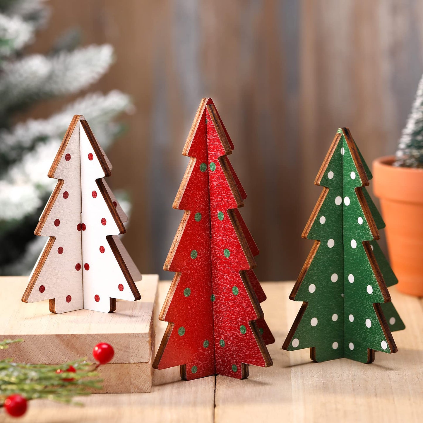 Christmas Decor 3 Pieces Wood Table Christmas Tree Rustic Christmas Tree Farmhouse Wooden Xmas Centerpiece for Table Small Table Christmas Trees Tiered Tray Decoration (3D Polka Dot Style)