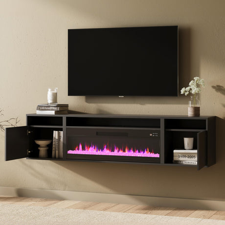 BELLEZE 70" Floating Fireplace TV Stand Wall Mounted with 36" Electric Fireplace,960 RGB Colors Entertainment Center with Storage for TVs up to 80", Modern Media Console TV Shelf for Living Room BELLEZE
