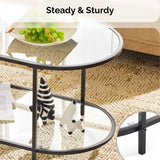 VINGLI Glass Coffee Table, 38" Oval Coffe Table for Home Decor, Modern Tea Table with 2-Tier Storage, Skinny Coffee Tables for Living Room, Office, Small Space, Black VINGLI