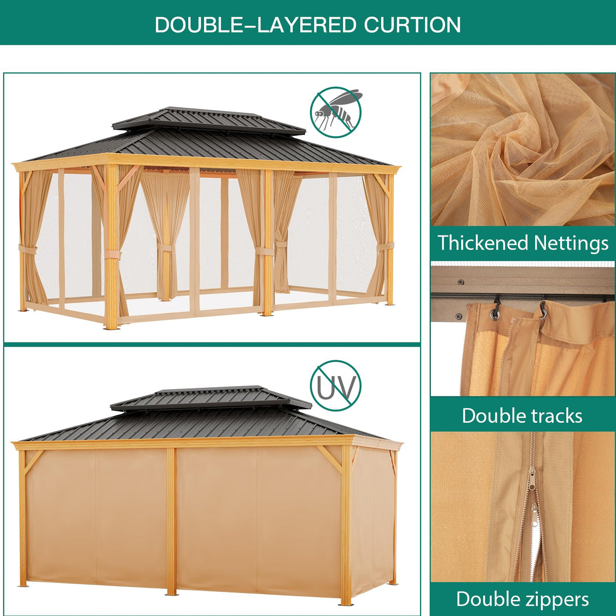 GAOMON 12x20ft Gazebo, Hardtop Outdoor Metal Roof Sun Shade Tent with Netting and Curtains, Permanent Wood Grain Galvanized Iron Aluminum Frame Garden Canopy for Patio, Backyard, Deck, Lawns GAOMON