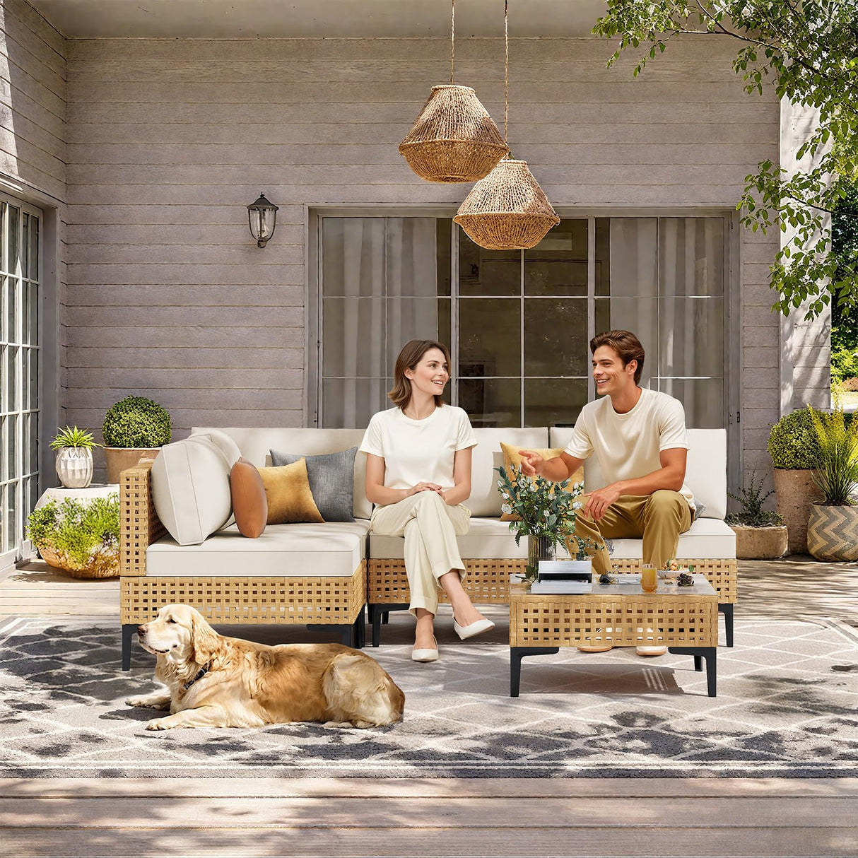 ABCASA Patio Furniture Set, 5-Piece Wicker Outdoor Patio Furniture Sets with Coffee Table,Boho Patio Conversation Set Sectional Sofa with All-Weather Cushions for Backyard,Porch,Beige ABCASA