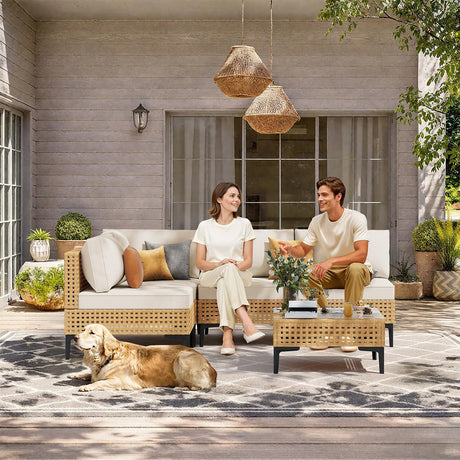 ABCASA Patio Furniture Set, 5-Piece Wicker Outdoor Patio Furniture Sets with Coffee Table,Boho Patio Conversation Set Sectional Sofa with All-Weather Cushions for Backyard,Porch,Beige ABCASA
