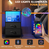 WLIVE Night Stand with Charger Station, Black Nightstand with 2 Fabric Drawers and Storage Shelf, LED Bedside Table, Bedroom Small End Tables with 3 USB Ports and 2 AC Outlets WLIVE