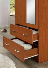 HODEDAH 2 Door Wood Wardrobe Bedroom Closet with Clothing Rod Inside Cabinet, 2 Drawers for Storage and Mirror, Cherry Hodedah