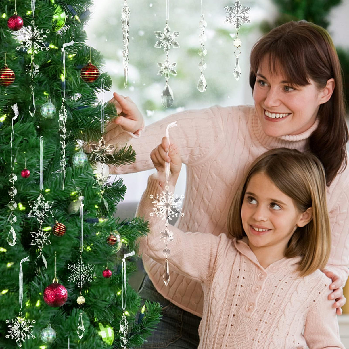 18pcs Christmas Tree Decoration Crystal Ornaments - Hanging Acrylic Christmas Snowflake Icicle Drop Crystal Ornaments for Xmas Tree Winter New Year Party Supplies OuMuaMua