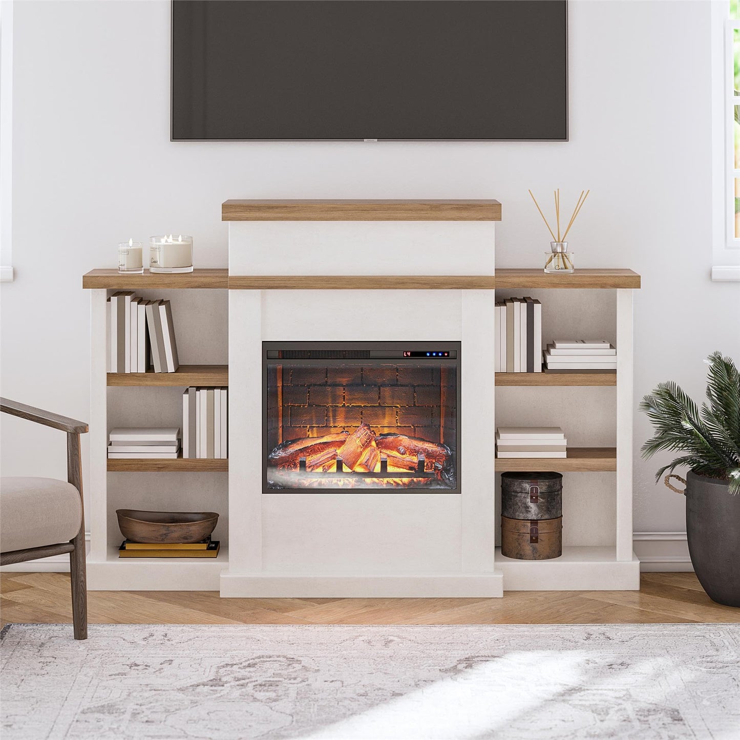 Ameriwood Home Gateswood 64 Inch Electric Fireplace with Mantel, Replaceable Fireplace Insert Heater, Shelves, Remote Control, Timer, Realistic Log and Flame Effect, Plaster