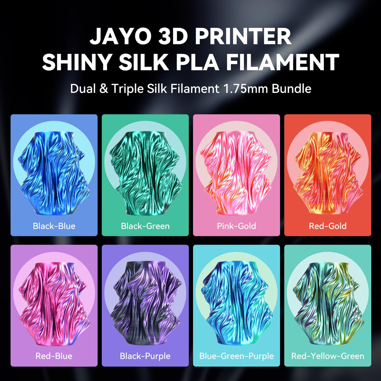 JAYO 3D Printer Filament Bundle, Dual Color Silk Filament Bundle Multicolor, Triple Color PLA Silk Filament, Individually Vacuum Packed, 250g Spool, 8 Rolls, 2kg in Total JAYO