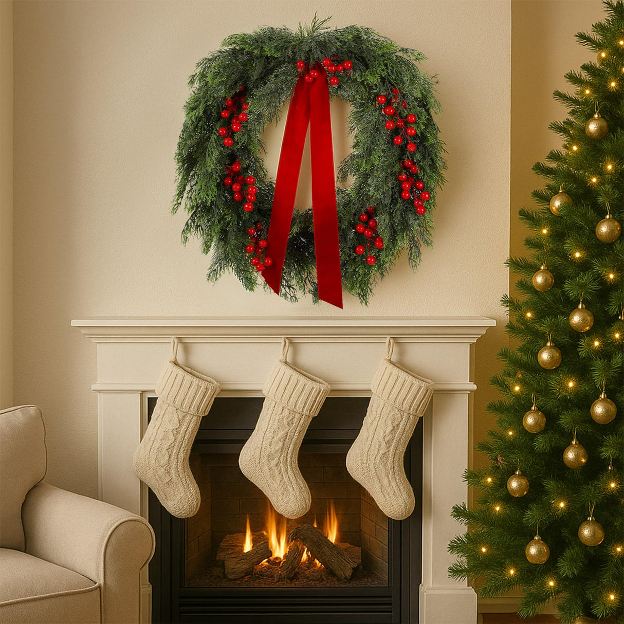 Suncalla 24'' Artificial Cedar Wreath for Front Door Christmas Wreaths Faux Cedar Decorated with Berry and Ribbons Xmas Wreath for Indoor Window Wall Fireplace Holiday Decor Suncalla