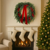 Suncalla 24'' Artificial Cedar Wreath for Front Door Christmas Wreaths Faux Cedar Decorated with Berry and Ribbons Xmas Wreath for Indoor Window Wall Fireplace Holiday Decor Suncalla