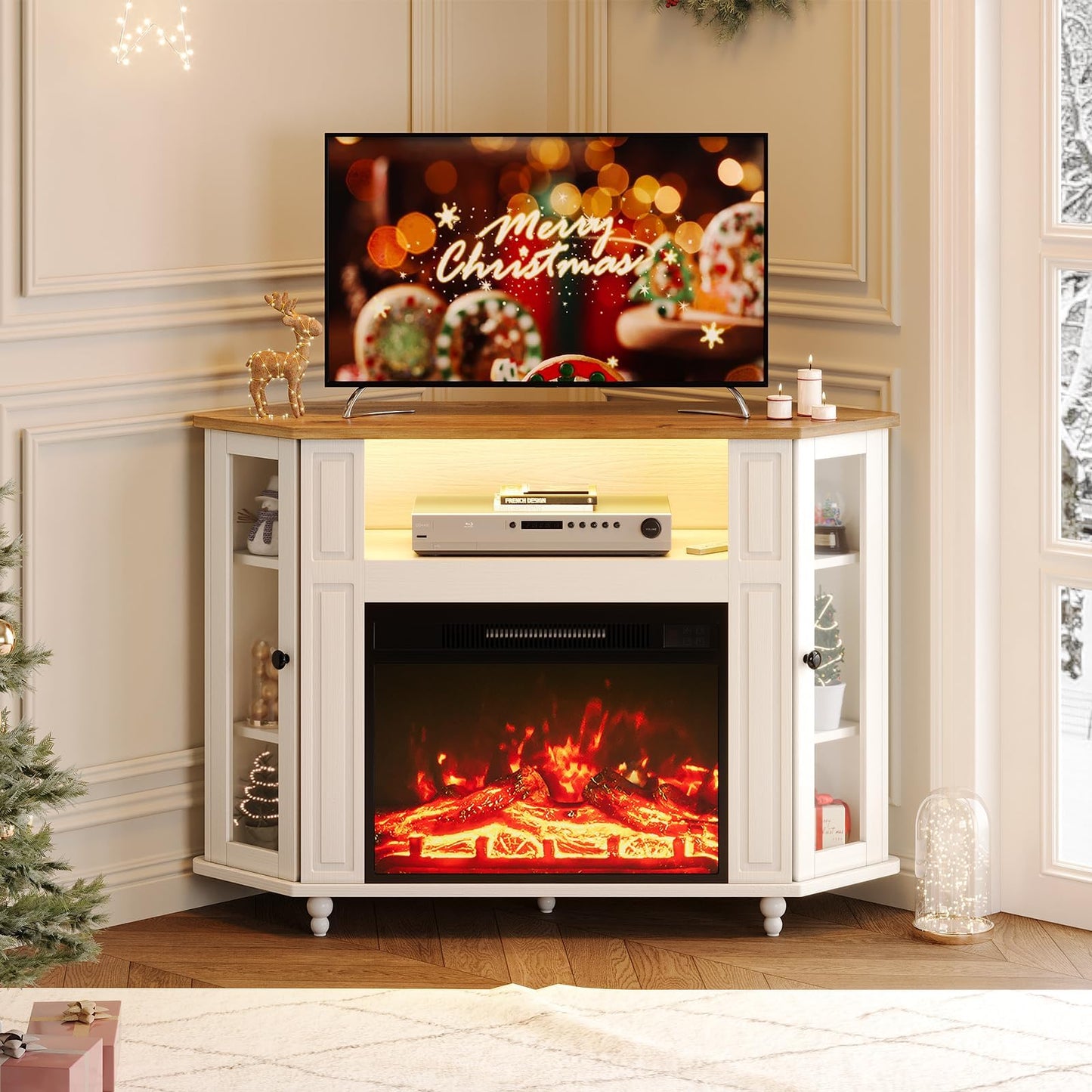 4 EVER WINNER Fireplace TV Stand Corner with LED Lights, Glass Doors, Farmhouse Fireplace Entertainment Center with Adjustable Storage Cabinets, TV Console with Fireplace for Living Room, White