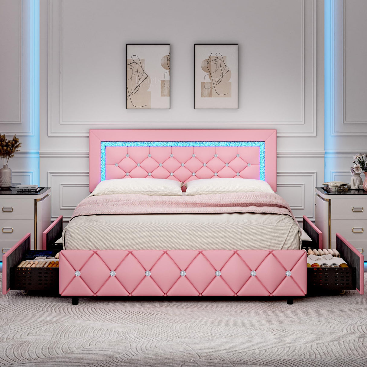 Queen Size Bed Frame with LED Lights, Upholstered Platform Bed with Storage Drawers, Princess Bed with Diamond Headboard and Footboard, No Box Spring Needed, Easy Assembly, Pink BarnFurin