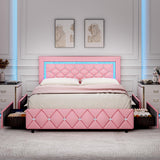 Queen Size Bed Frame with LED Lights, Upholstered Platform Bed with Storage Drawers, Princess Bed with Diamond Headboard and Footboard, No Box Spring Needed, Easy Assembly, Pink BarnFurin