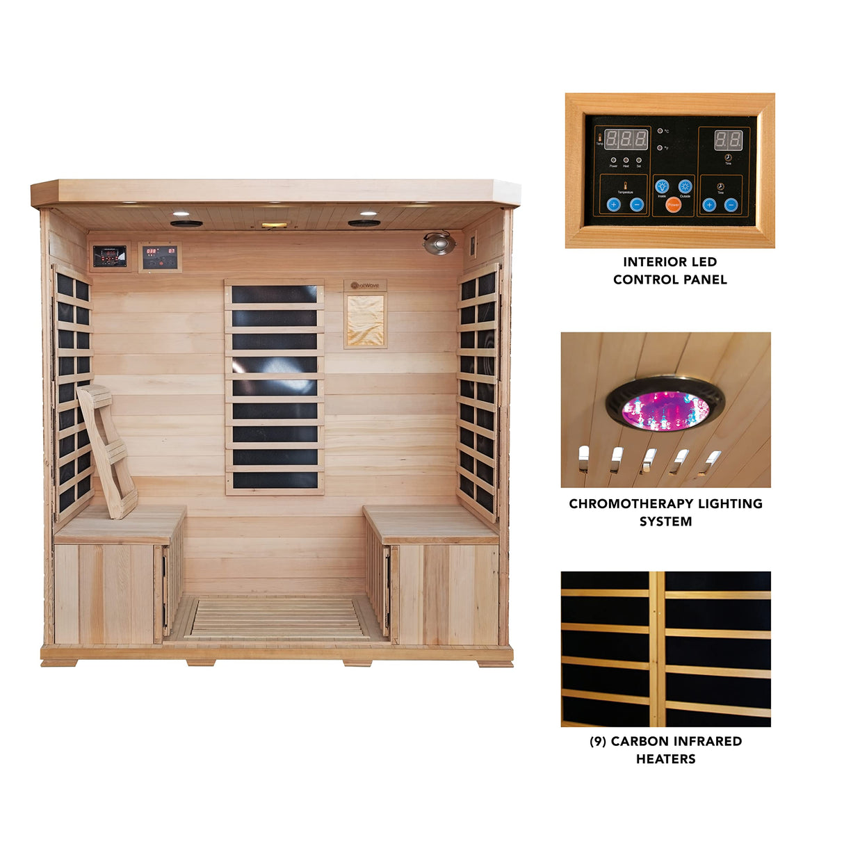 Heat Wave 4 Person Sauna Hemlock Wood Sonoma 9 Carbon Infrared Heaters MP3 Player Chromo Therapy Lighting 120V 2100W Heat Wave