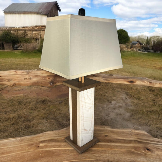 Rustic Farmhouse Battery-Powered Rough Sawn Barn Wood Table Lamp, 28" Tall, 3 Stage Dimmer + Auto-off Timer (Mahogany Textured Woodgrain Poly Core with Whitewashed Oak Barn Wood Panels) - WoodArtSupply