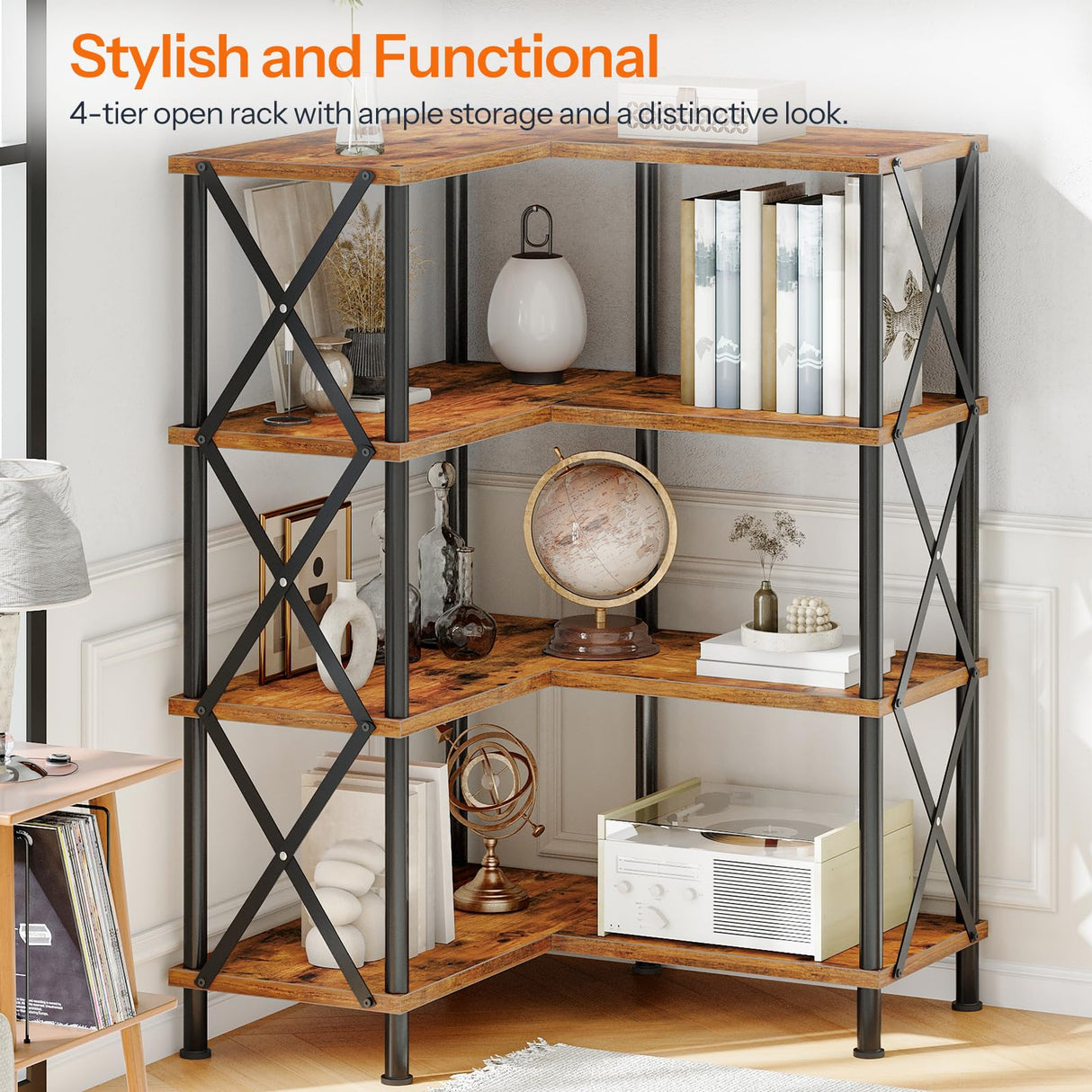 HOOBRO Corner Bookshelf, 4-Tier L-Shaped Bookcase, Industrial Open Display Shelf Tall Storage Organizer, Vertical Storage Rack, for Living Room, Home Office, Rustic Brown and Black BF59SJ01 HOOBRO