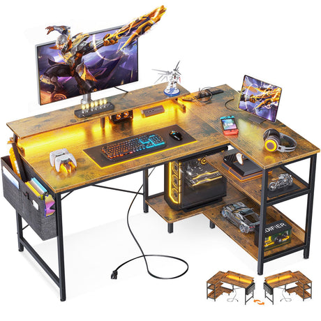 ODK 48 Inch Reversible L-Shaped Gaming Desk with USB Ports, LED Lights, and Storage Shelves ODK