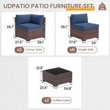 UDPATIO Patio Furniture Set, Modular Outdoor Sectional with 105°Slanted Back, 10 Pieces Rattan Conversation Set for Poolside, Backyard, Deck, with Coffee Table, Waterproof Cover, Blue UDPATIO