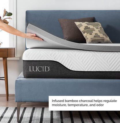 LUCID Bamboo Charcoal Infused Memory, 2 Inch, Hypoallergenic, Cooling Ventilation, CertiPUR-Certified Foam Mattress Topper, Twin XL