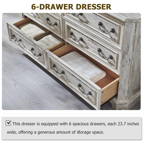 T4TREAM Farmhouse 6 Drawers Dresser for Bedroom, 54" Wide Wood Rustic Chest of Drawers with Natural Texture, Vintage Design, Storage Dressers Organizer for Bedroom, Living Room, Distressed White T4TREAM