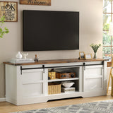 oneinmil 66” Farmhouse TV Stand, Modern Rustic Entertainment Center with Sliding Barn Door and Storage Cabinets, Metal Media TV Console with Set of Shelf for TVs up to 75”, White oneinmil