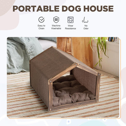 Dog House with Wooden Frame for Small Dogs or Cats Pet House with Fabric Cushion for Indoor (Brown)