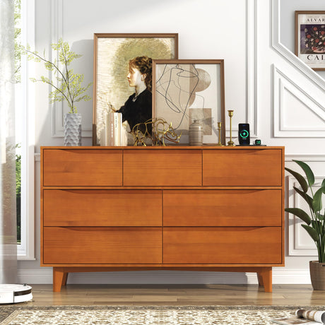 chartustriable 55”Solid Wood Drawers Dresser with Power Outlets, 7 Drawer Dresser for Bedroom, Mid Century Modern Vintage Large Chest of Dresser for Hallway, Entryway,Cutout Handle, Caramel chartustriable