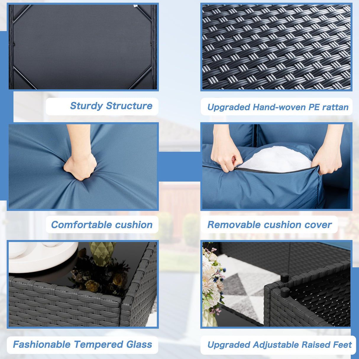 Shintenchi 7 Pieces Outdoor Patio Sectional Sofa Couch, Wicker Furniture Patio Conversation Sets with Washable Cushions & Coffee Table for Garden, Poolside, Backyard (Aegean Blue) Shintenchi