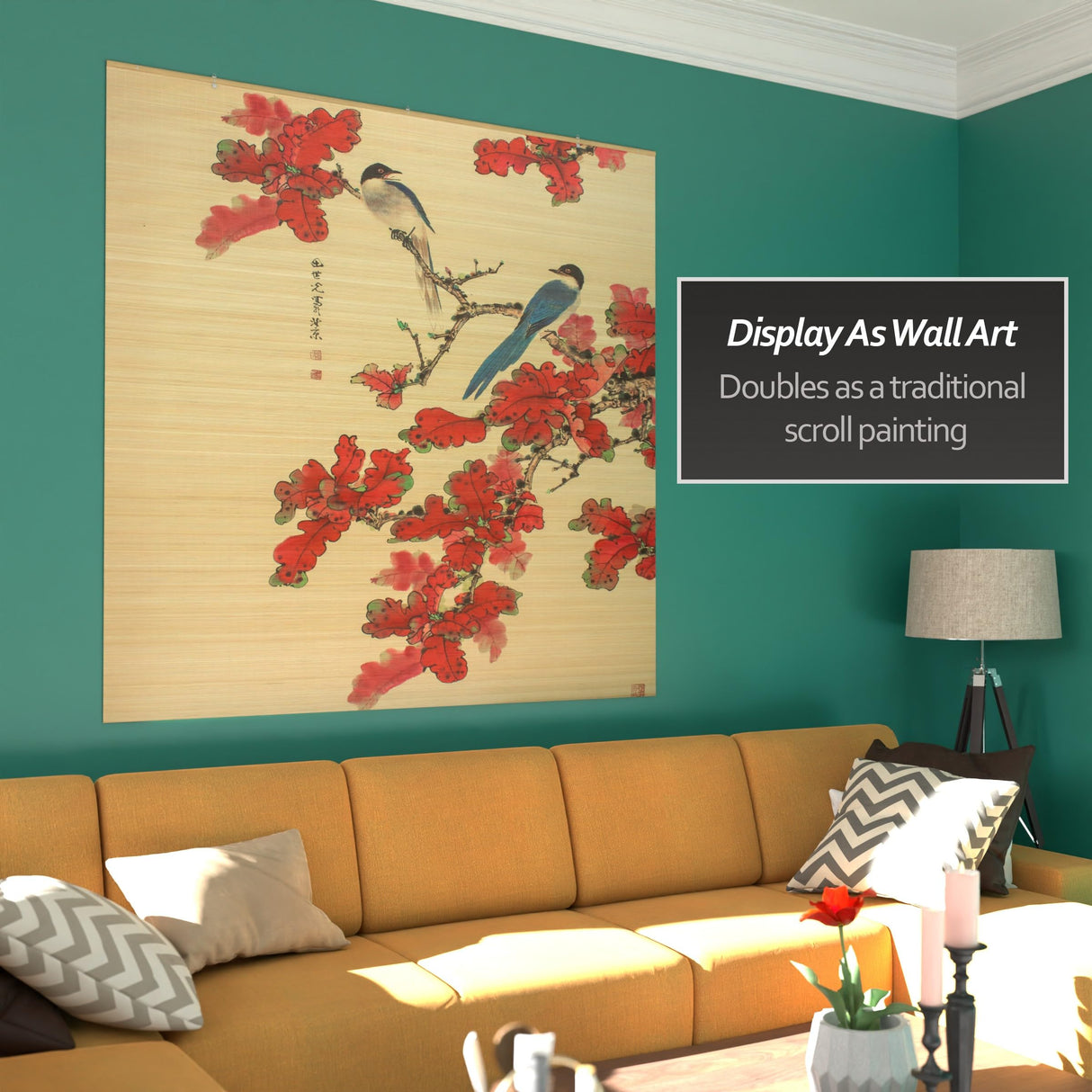 Red Lantern Bamboo Window Shade Blind - Roosting Bird 72" Wide Red Lantern