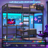 DICTAC Twin Loft Bed with L-Shaped Desk,Storage Shelves and Charging Station Metal Loft Bed Twin Size with LED Lights,Coat Rack with Drawers and Stair,Top Bunk with Safety Guardrail for Teen,Black DICTAC