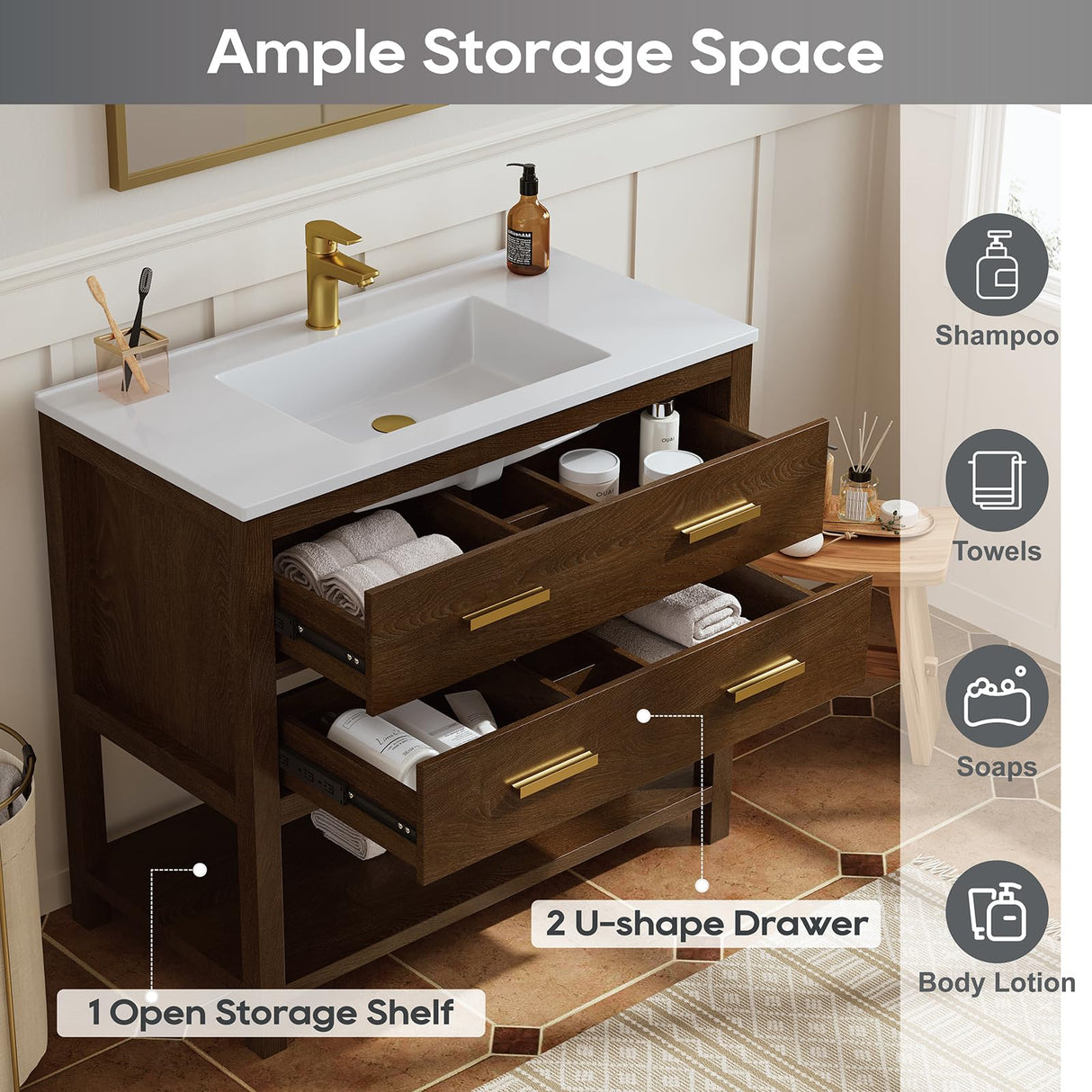 DELUXE LIVING 36 Inch Bathroom Vanity with Sink, Farmhouse Storage Cabinet with Drawers & Open Storage Shelf, Easy Assembly, Adjustable Feet, Walnut DELUXE LIVING