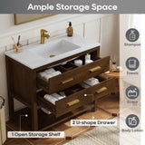 DELUXE LIVING 36 Inch Bathroom Vanity with Sink, Farmhouse Storage Cabinet with Drawers & Open Storage Shelf, Easy Assembly, Adjustable Feet, Walnut DELUXE LIVING