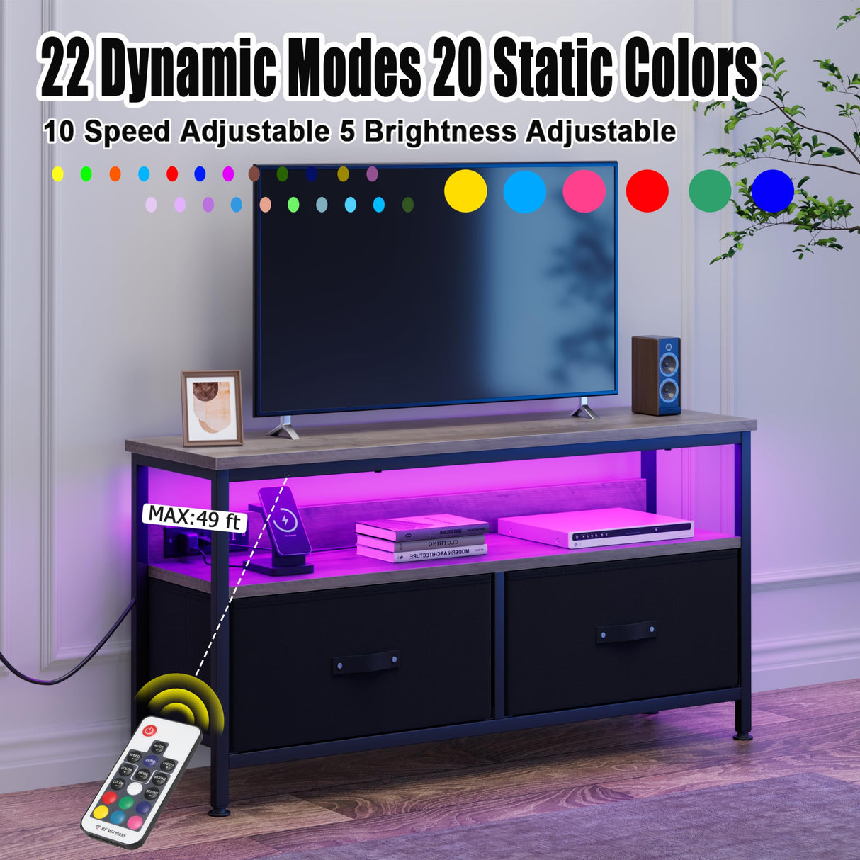 J-yaamiZz 39" Dresser TV Stand for TVs up to 50", Media Console with LED Lights, Charging Station & 2 Drawer Storage Chest, Gaming Entertainment Center with Storage for Bedroom, Living Room, Entryway J-yaamiZz