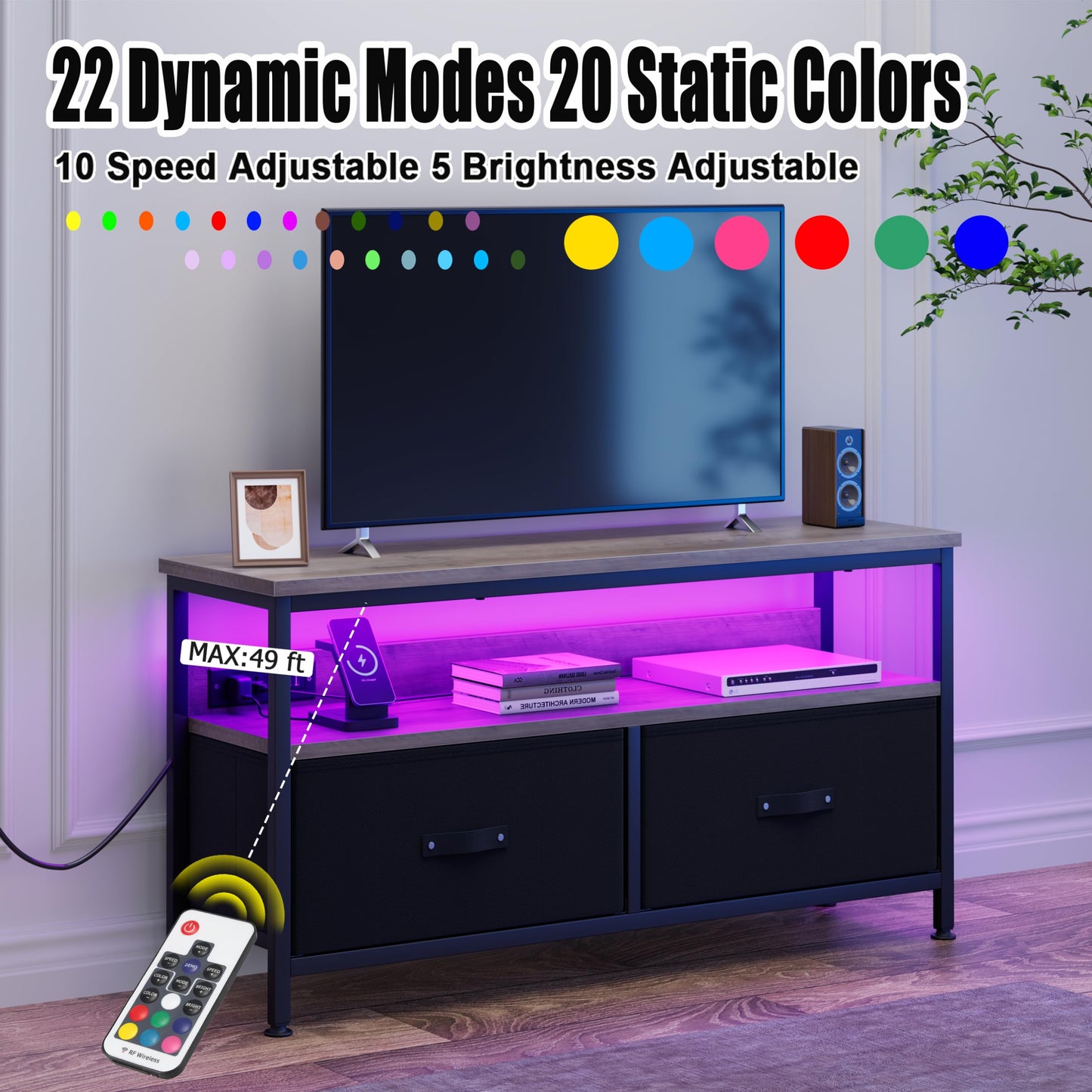 J-yaamiZz 39" Dresser TV Stand for TVs up to 50", Media Console with LED Lights, Charging Station & 2 Drawer Storage Chest, Gaming Entertainment Center with Storage for Bedroom, Living Room,  - WoodArtSupply