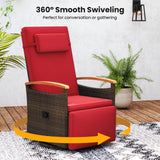 Tangkula Patio Rattan 360 Degree Swivel Recliner Chair, Wicker Lounge Chair w/Adjustable Backrest & Footrest, Cushioned Push Back Reclining Seat w/Flip Side Table for Porch, Yard, Lawn (Red,2) Tangkula