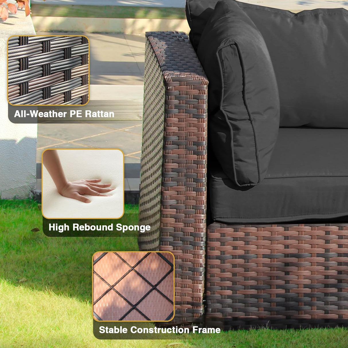 TANGJEAMER Patio Furniture Set 7 Pieces with 44" Fire Pit Table, Rattan Outdoor Sectional Conversation Sets, All Weather Outdoor Furniture Set with Cushions for Garden Lawn Balcony Porch Deck Black TANGJEAMER