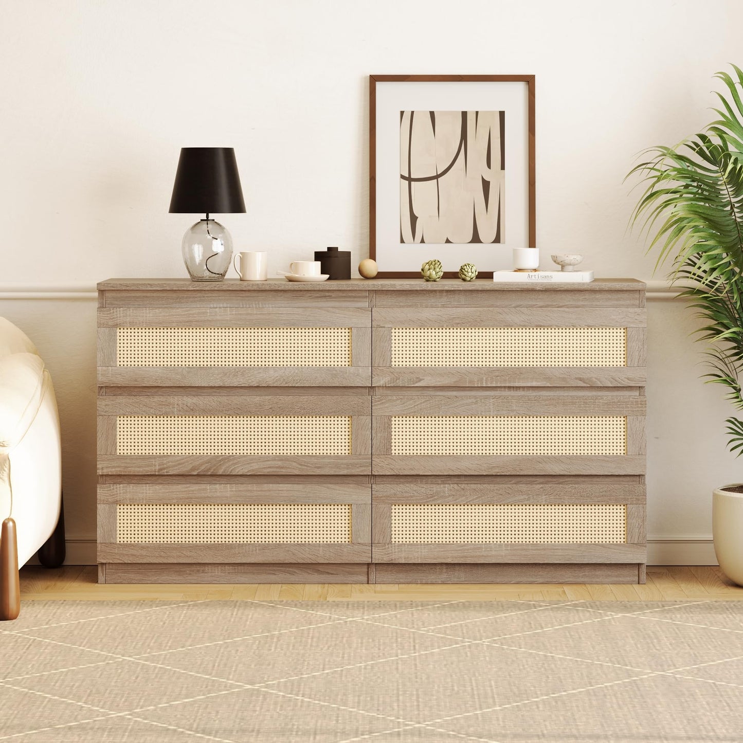 JASIWAY 6 Drawer Dresser for Bedroom - Rattan Dresser, Modern Chest of Dressers, Boho Dresser Chest, Beside Table for Closet, Long Nursery Dresser for Bedroom, Hallway, Entryway (Natural)