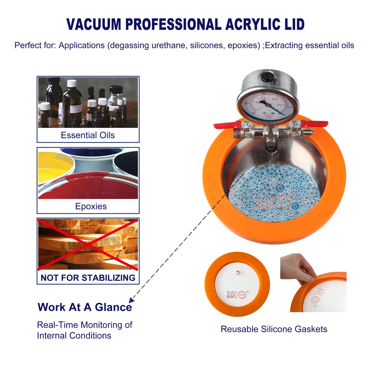 BACOENG Universal Vacuum Chamber Series: 2 Quart Stainless Steel Vacuum Chamber Kit, Vacuum Degassing Chamber for Resin, Silicone and Epoxies BACOENG