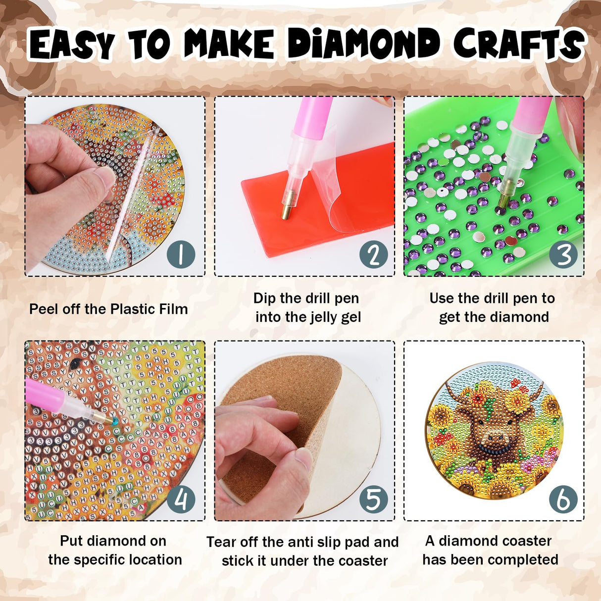 Sitsink Highland Cow Diamond Painting - 8 Pcs Highland Cow Lover Diamond Painting Coaster Kits for Adults, DIY Coasters Diamond Painting Kits Highland Cattle, Diamond Painting Coaster Kits with Holder Sitsink